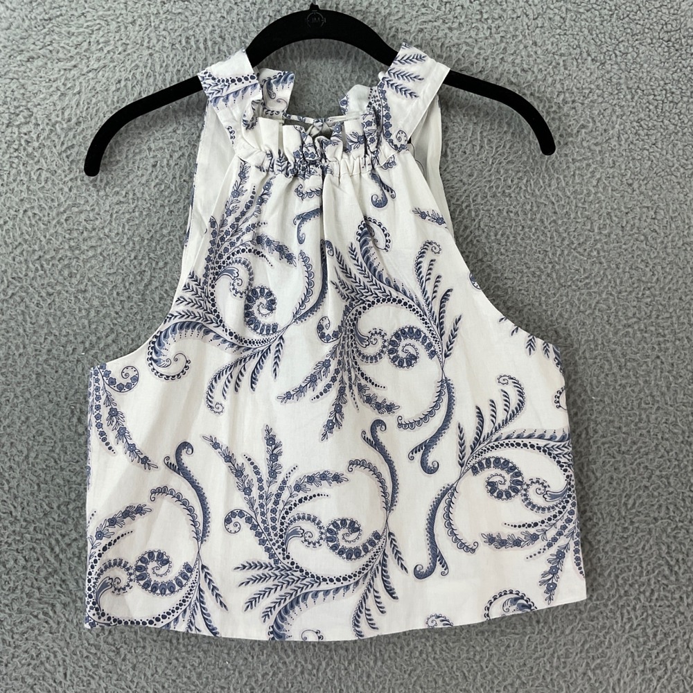 Banana Republic Halter Top Womens 6 White Blue NWT Linen Blend Scroll Print Boho